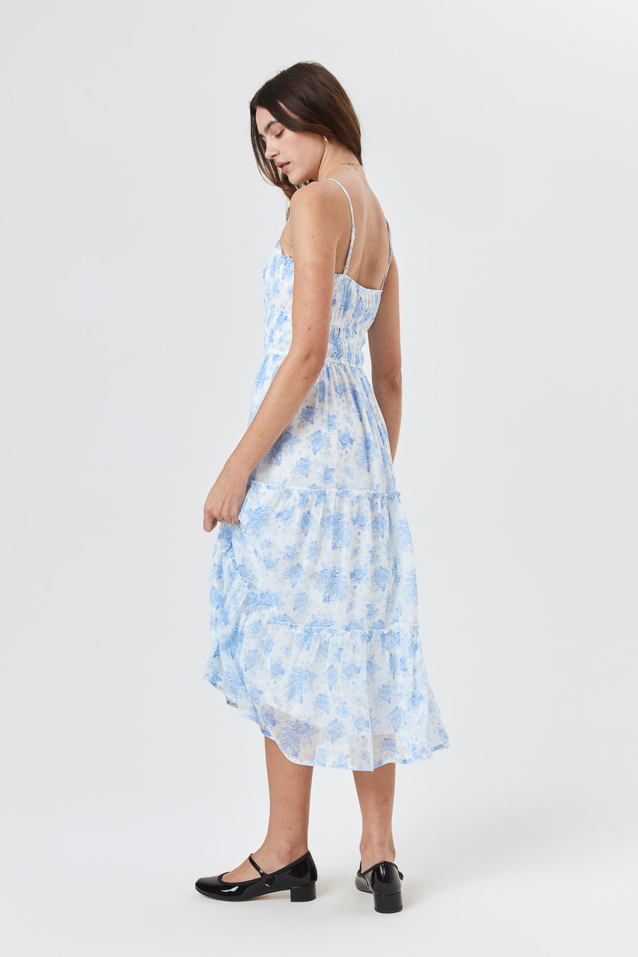White Blue Floral Emma Tier Midi Dress - Trixxi Wholesale