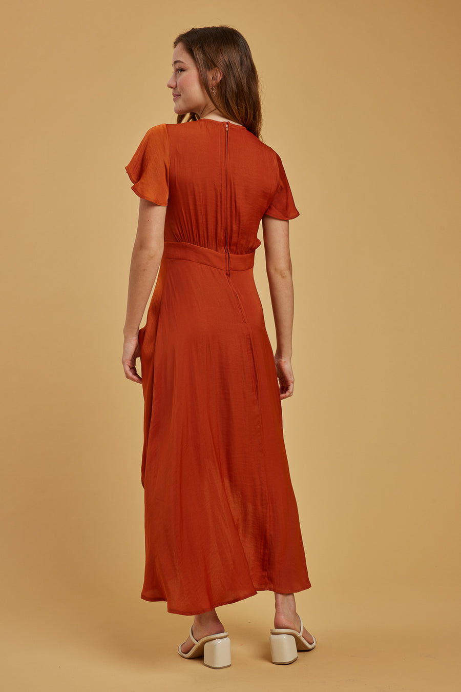 Rust Tie Front Satin Midi Dress - Trixxi Wholesale