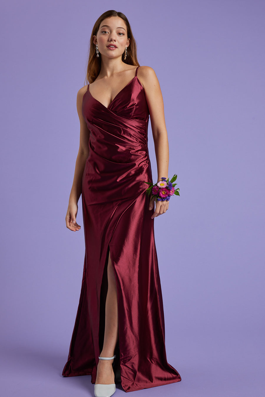 Burgundy Satin Ruched Prom Dress - Trixxi Wholesale
