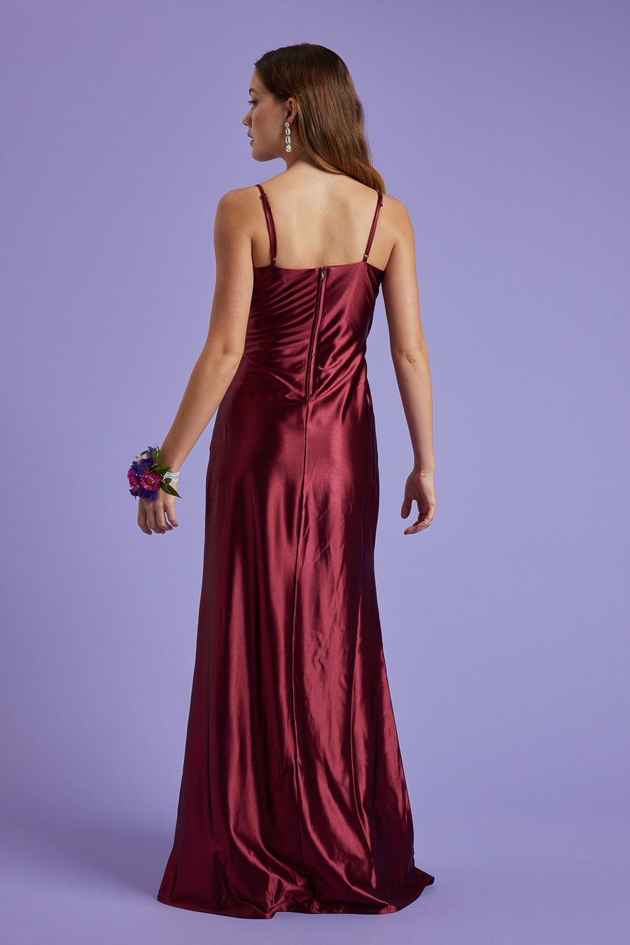 Burgundy Satin Ruched Prom Dress - Trixxi Wholesale