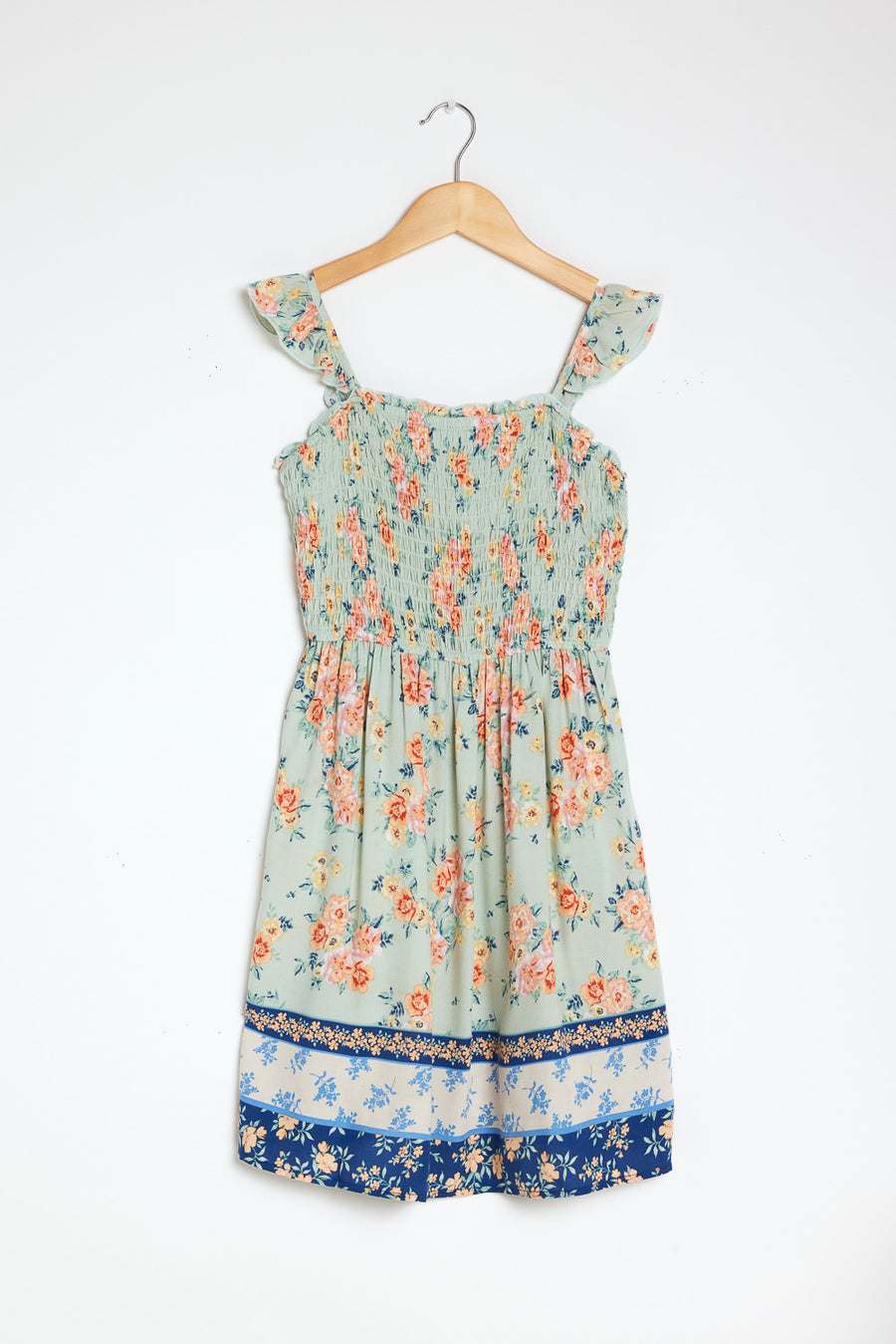 Kids Sage Floral Border Print Dress - Trixxi Wholesale