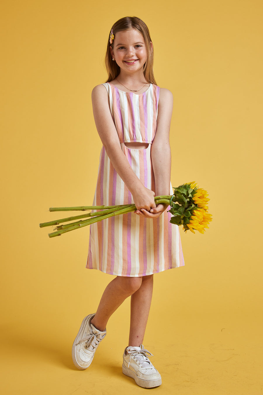 Kids Pink Stripe Sleeveless Front Cutout Dresss - Trixxi Wholesale