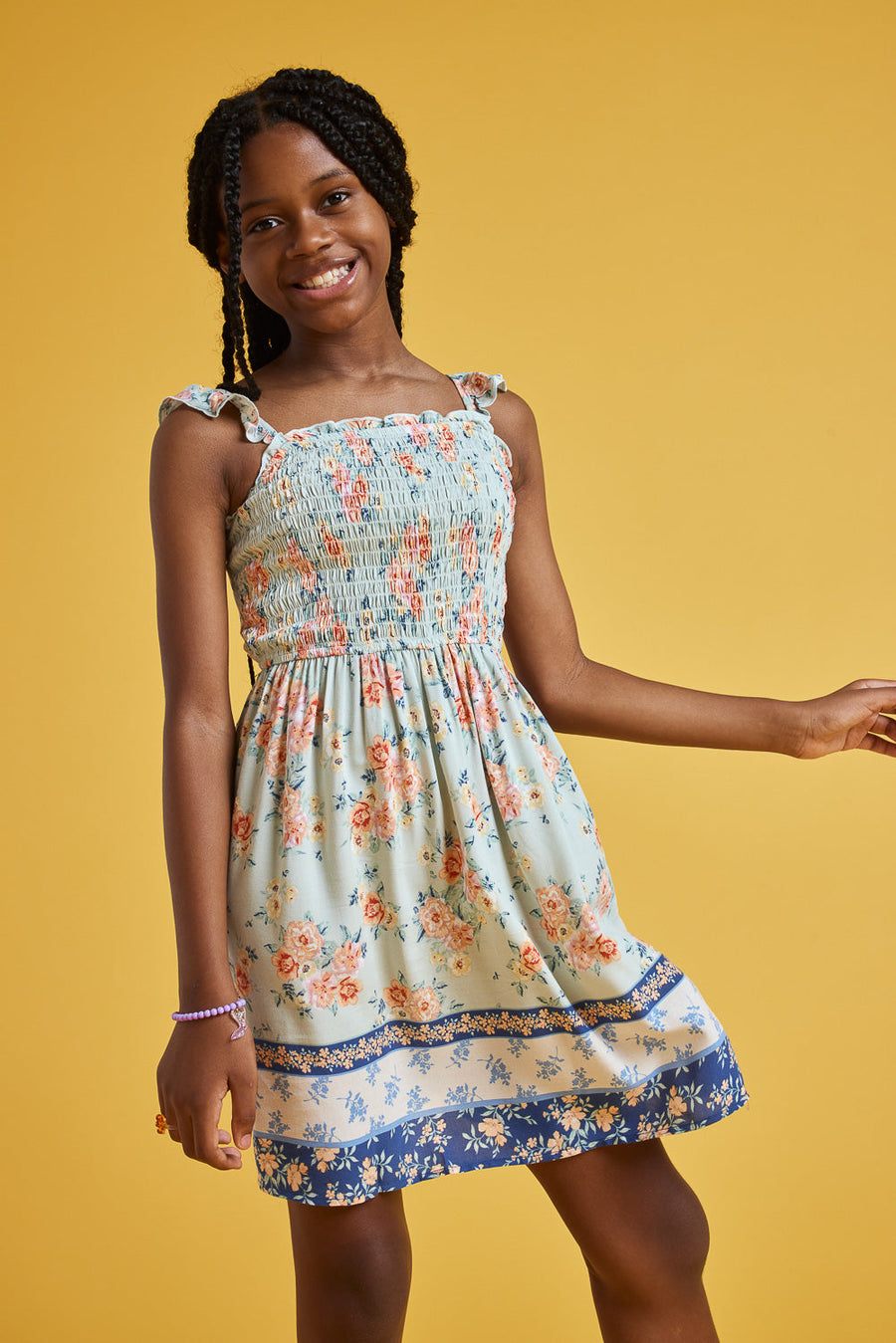 Kids Sage Floral Border Print Dress - Trixxi Wholesale
