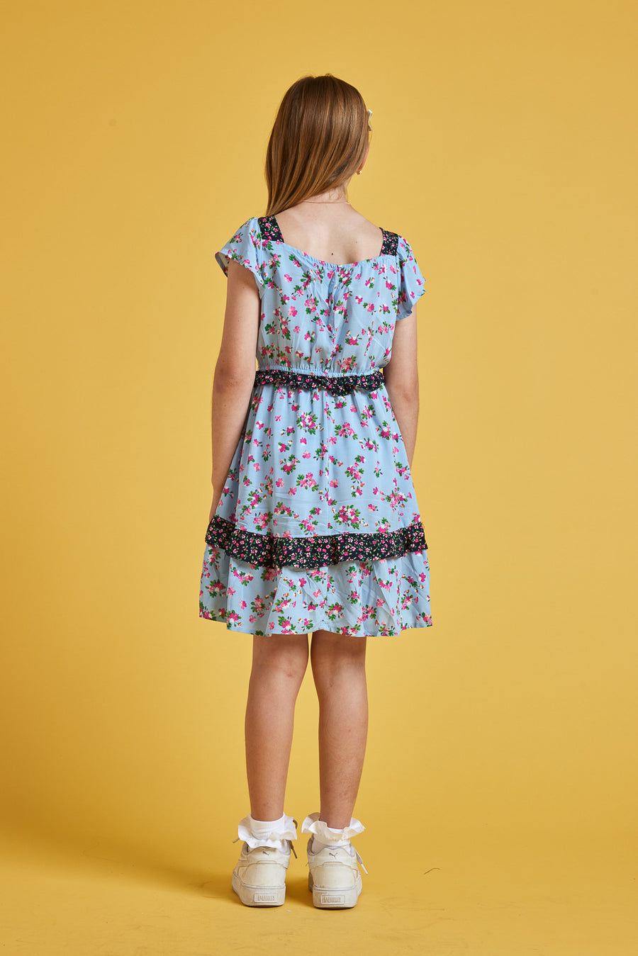 Kids Light Blue Floral Ruffle Twin Print Dress - Trixxi Wholesale