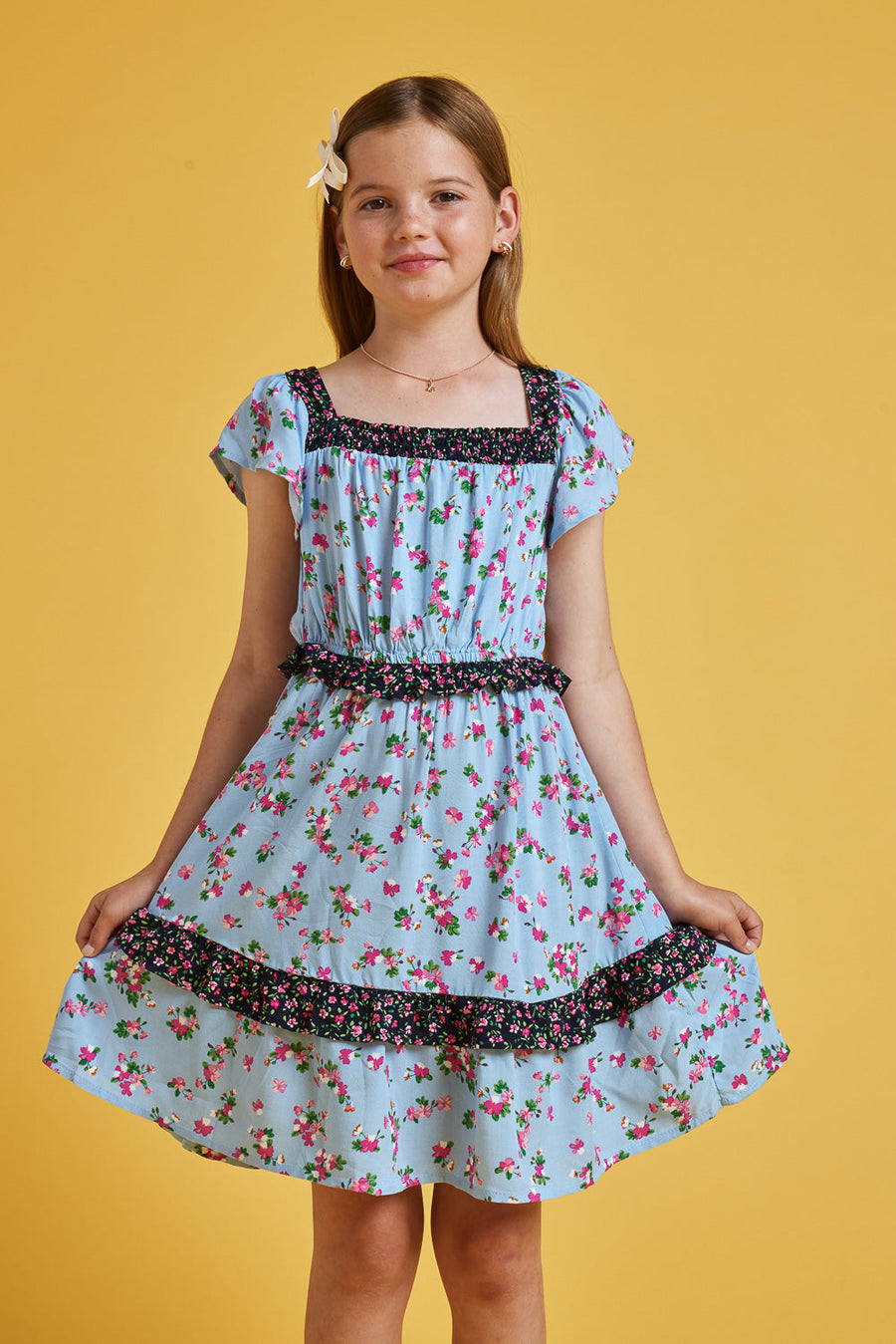 Kids Light Blue Floral Ruffle Twin Print Dress - Trixxi Wholesale