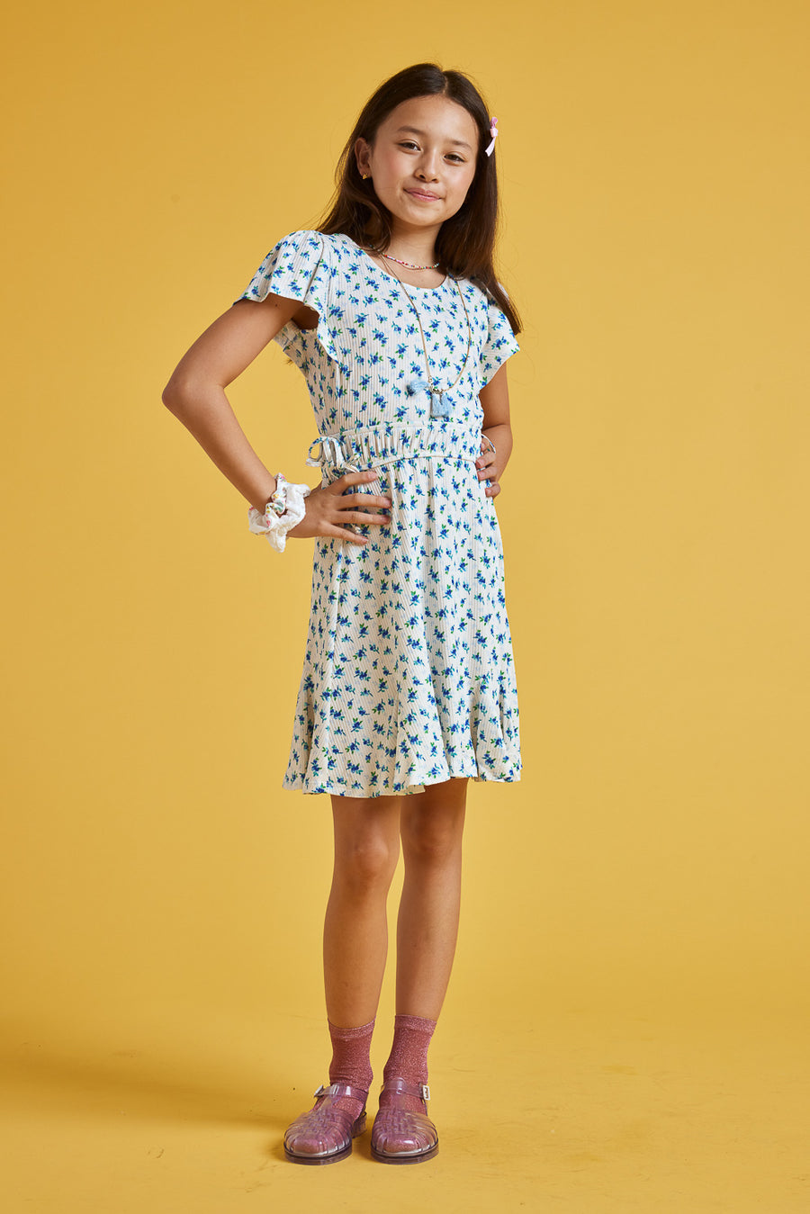 Kids White Blue Floral Tie Side Scrunchy Dress - Trixxi Wholesale