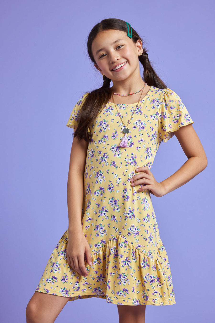 Kids Yellow Floral Short Sleeve Scrunchy Dress - Trixxi Wholesale