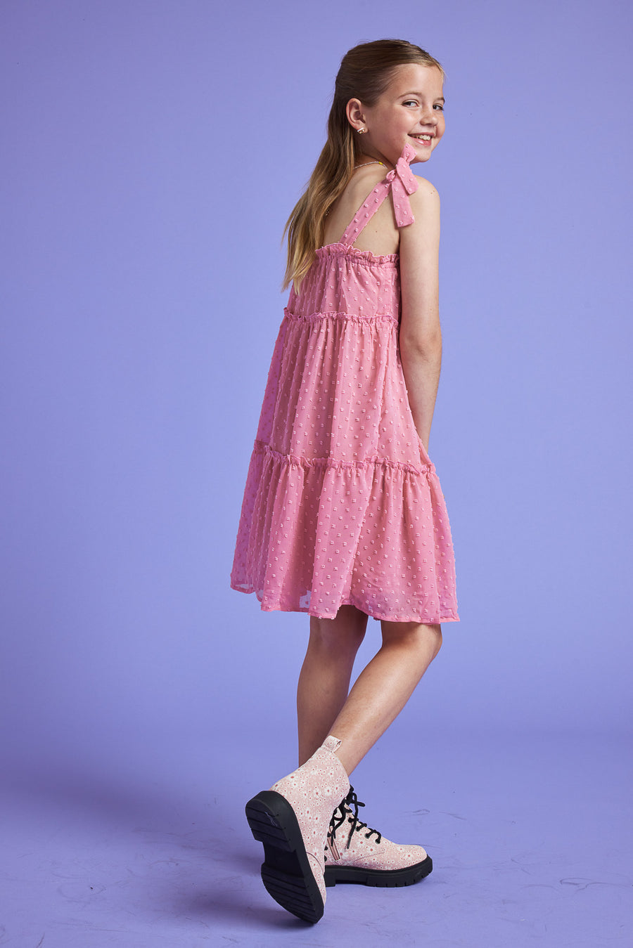 Kids Blush Tie Shoulder Clip Dot Dress - Trixxi Wholesale