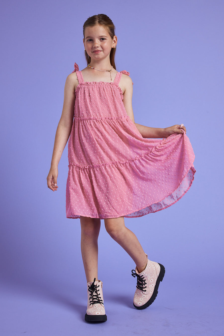 Kids Blush Tie Shoulder Clip Dot Dress - Trixxi Wholesale