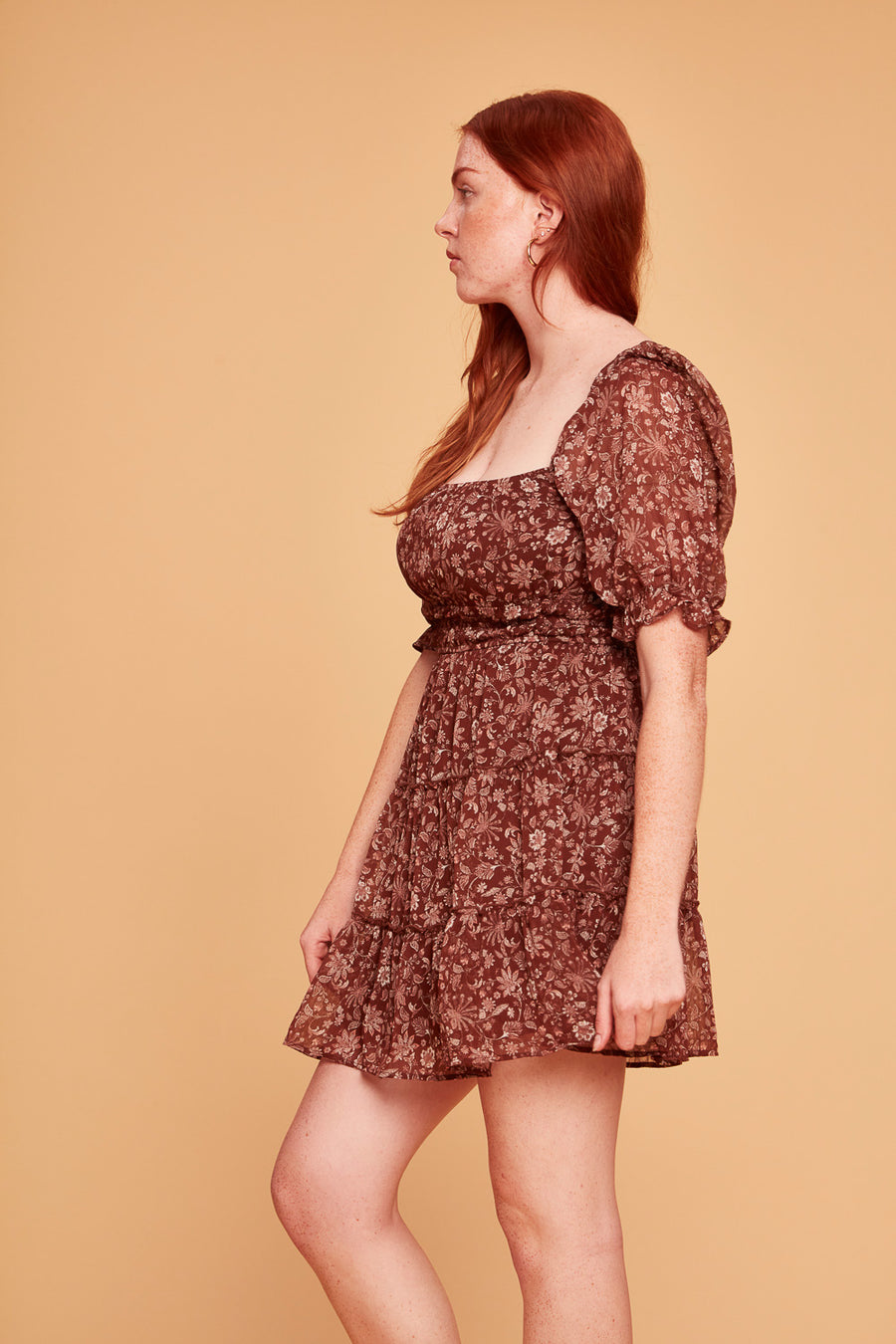 Brown Ruched Waist Tier Dress - Trixxi Wholesale