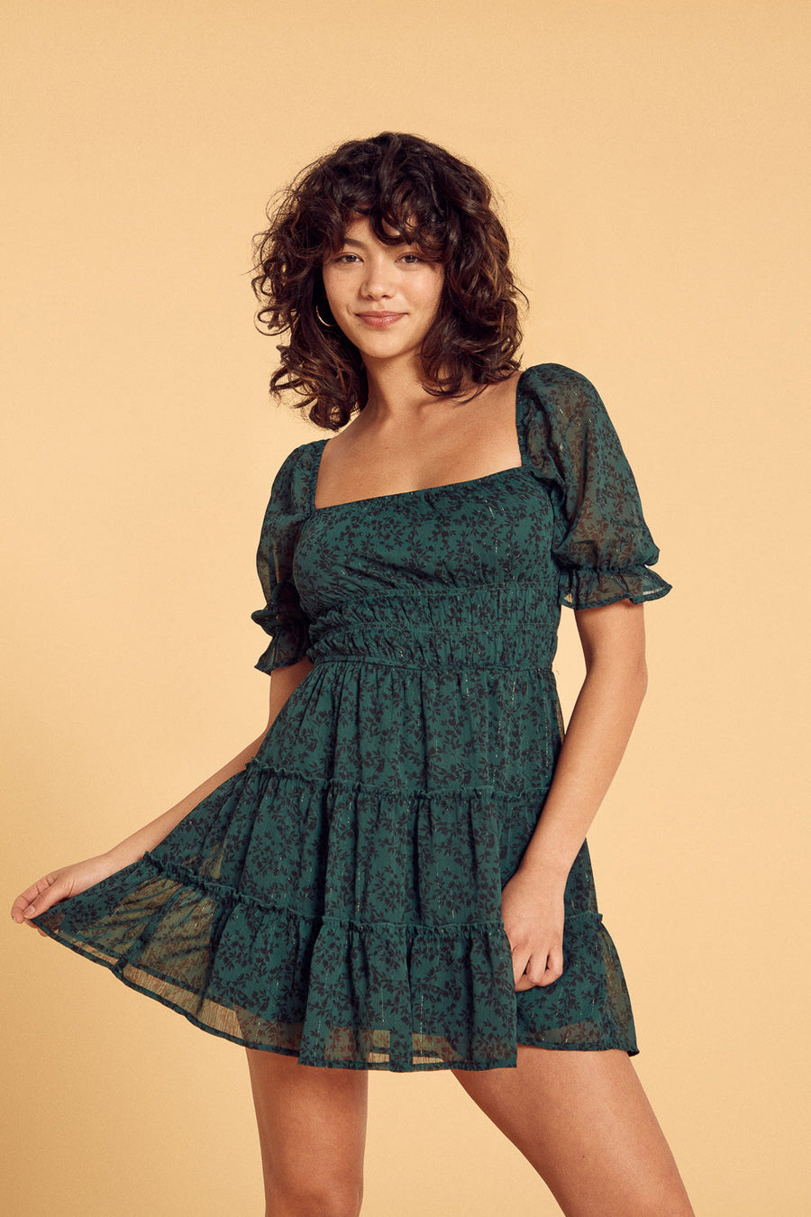 Green Floral Short Sleeve Tier Dress - Trixxi Wholesale